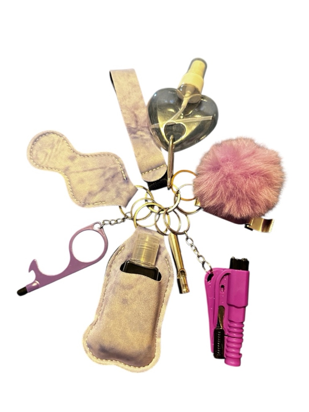 Pink Keychain Set with Pom Pom & Safety Tools